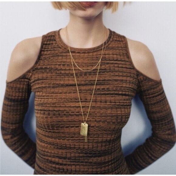 ZARA Brown Knit Cold Shoulder Long Sleeve Midi Dress Size S New NWT Ribbed - Picture 3 of 14